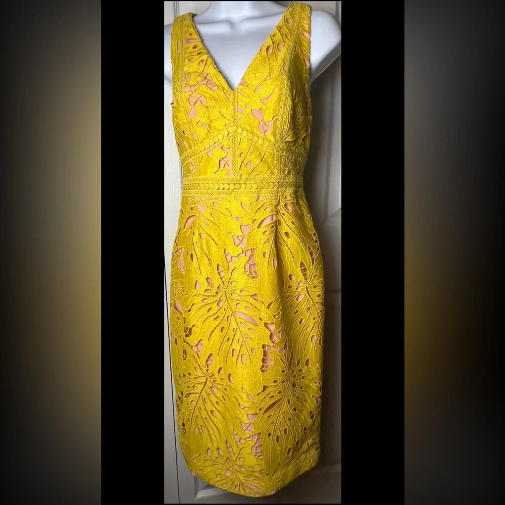 MAEVE Anthropologie Gardenia Lace Overlay Dress Sleeveless Column V Yellow 2 - Picture 4 of 12